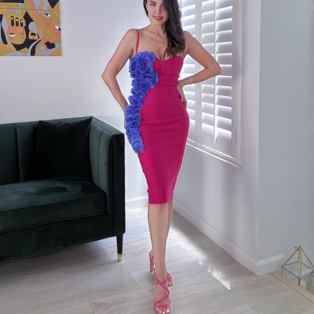 Chic Pink Stretch Dress with Blue Floral Embroidery.